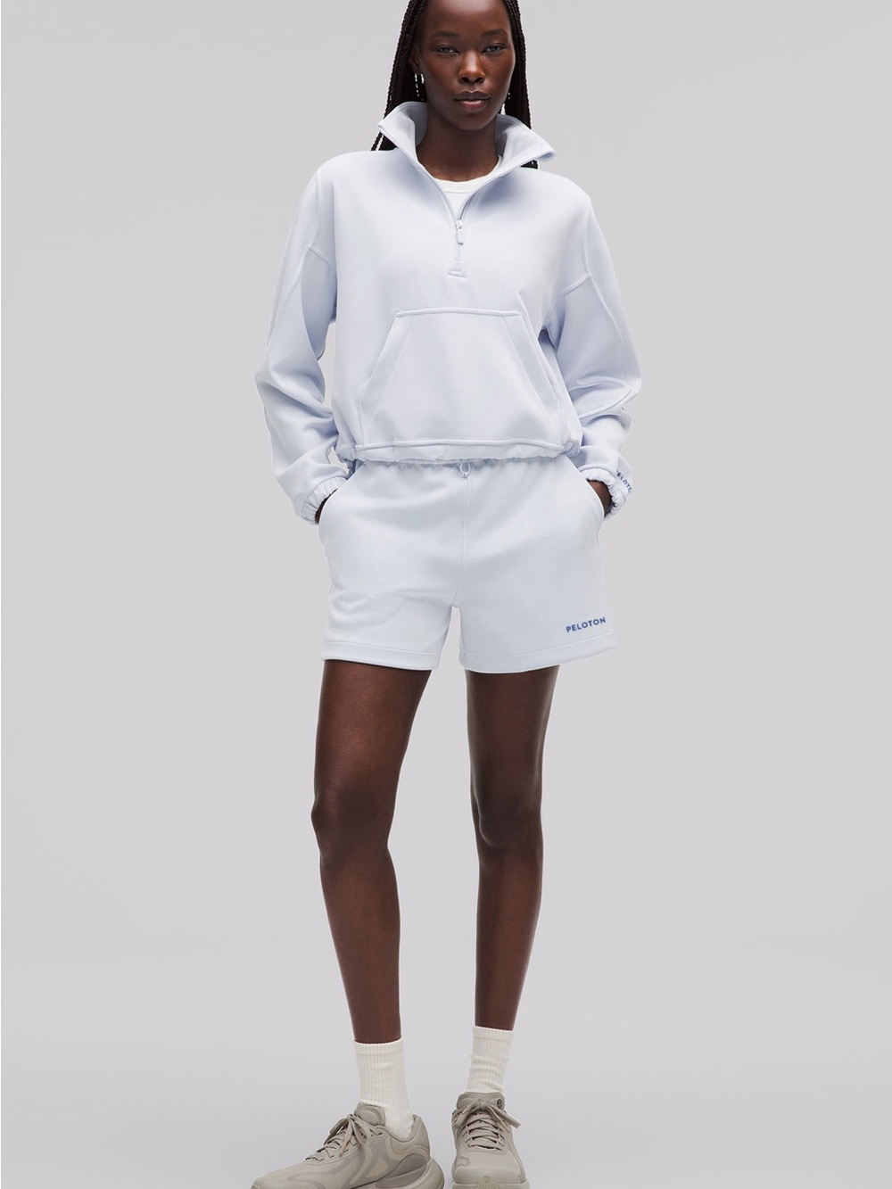 Peloton Lululemon Softstreme Half Zip and High rise short set in Pale Blue